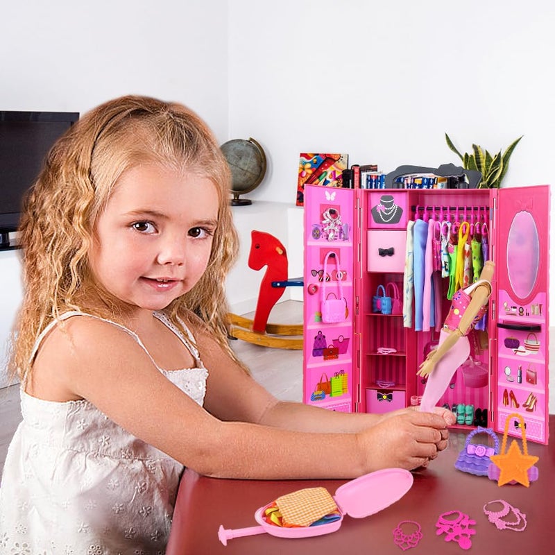 Ecore Fun Fashion Doll Closet Wardrobe for Doll Clothes and Accessories Storage - Lot 102 Items Include Clothes, Dresses, Shoes, Bags, Necklace, Shoes Rack, Hangers for 11.5 Inch Girl Doll Clothes - Image 3